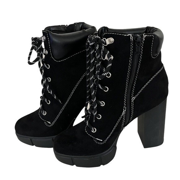 SODA Black Lace Boots Vegan Suede Zipper White Stitching Size 8 - Picture 1 of 7